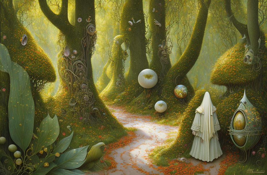 Enchanted forest scene with glowing orbs, fantastical creatures, and mysterious figure