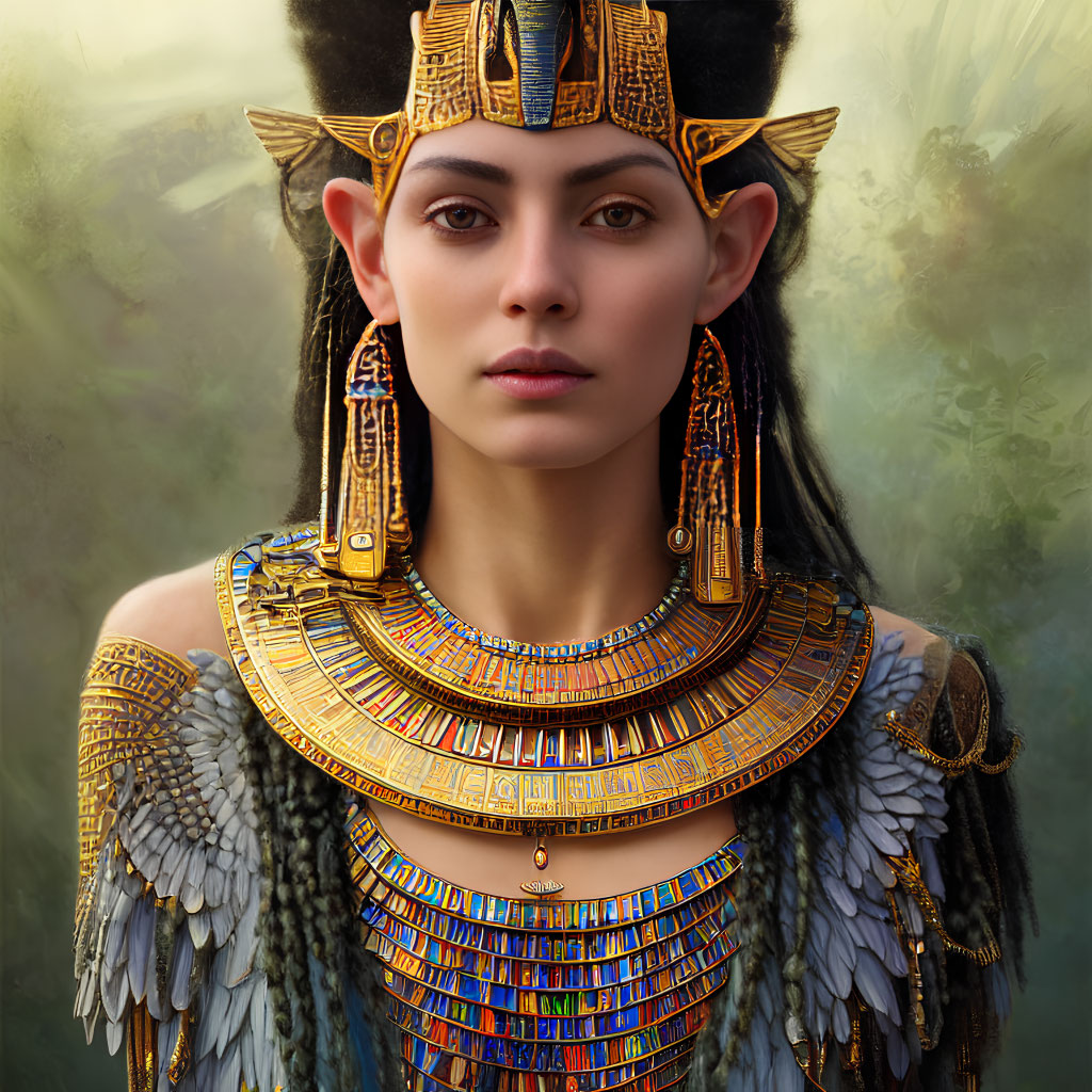 Detailed portrait of woman styled as Ancient Egyptian with elaborate headdress, jewelry, and traditional motifs.