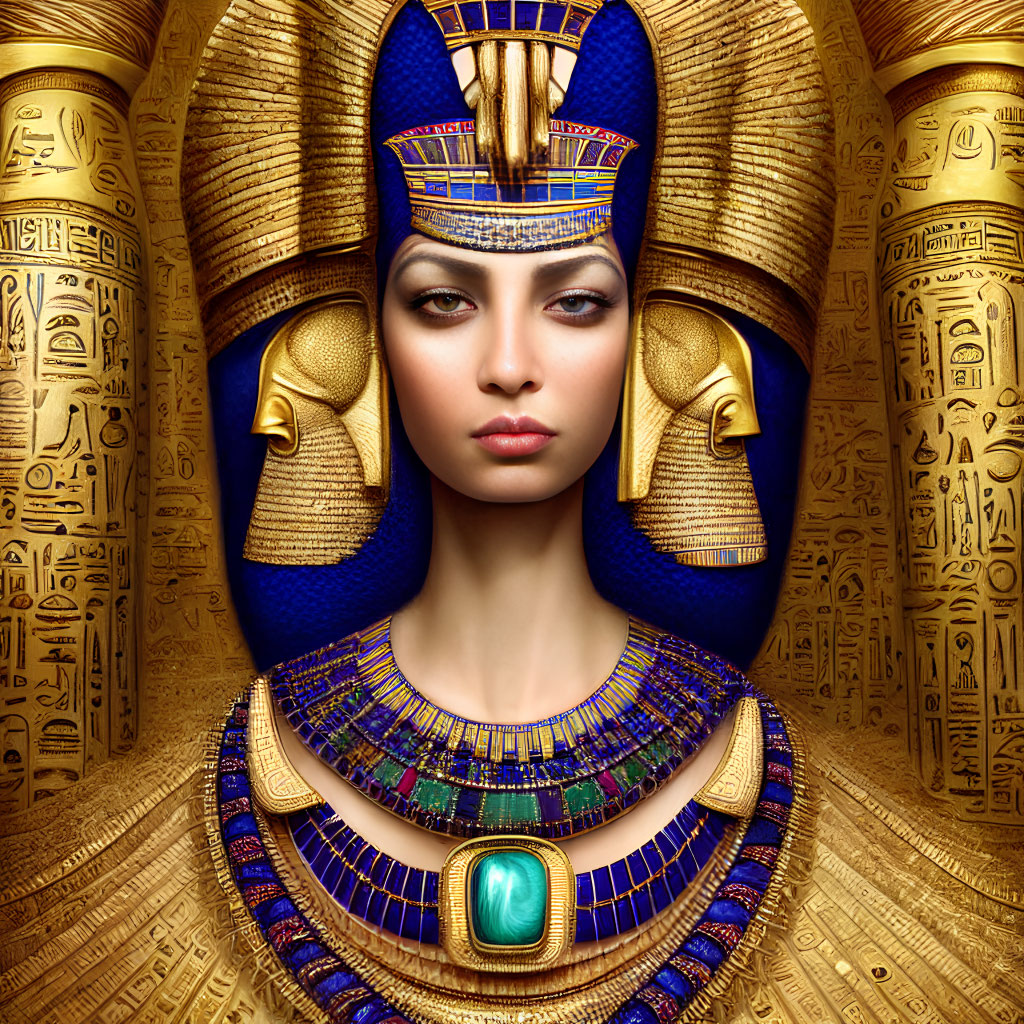 Woman's face merged with Egyptian pharaoh headdress against hieroglyph walls