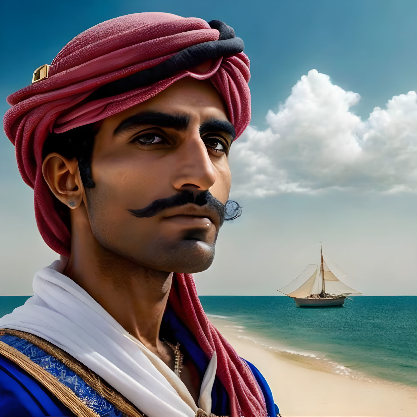 Man with mustache in red turban on beach with sailing ship