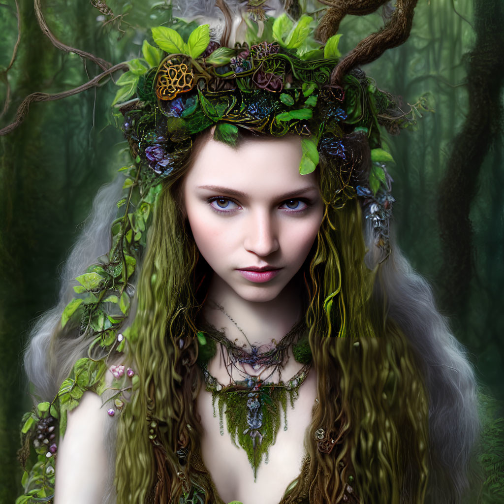 Mystical forest nymph with blue eyes in nature headpiece against woodland backdrop