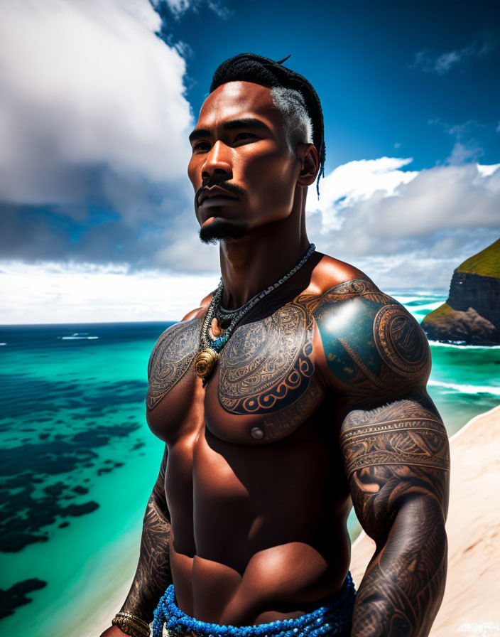 Muscular man with tattoos in blue loincloth at beach shore