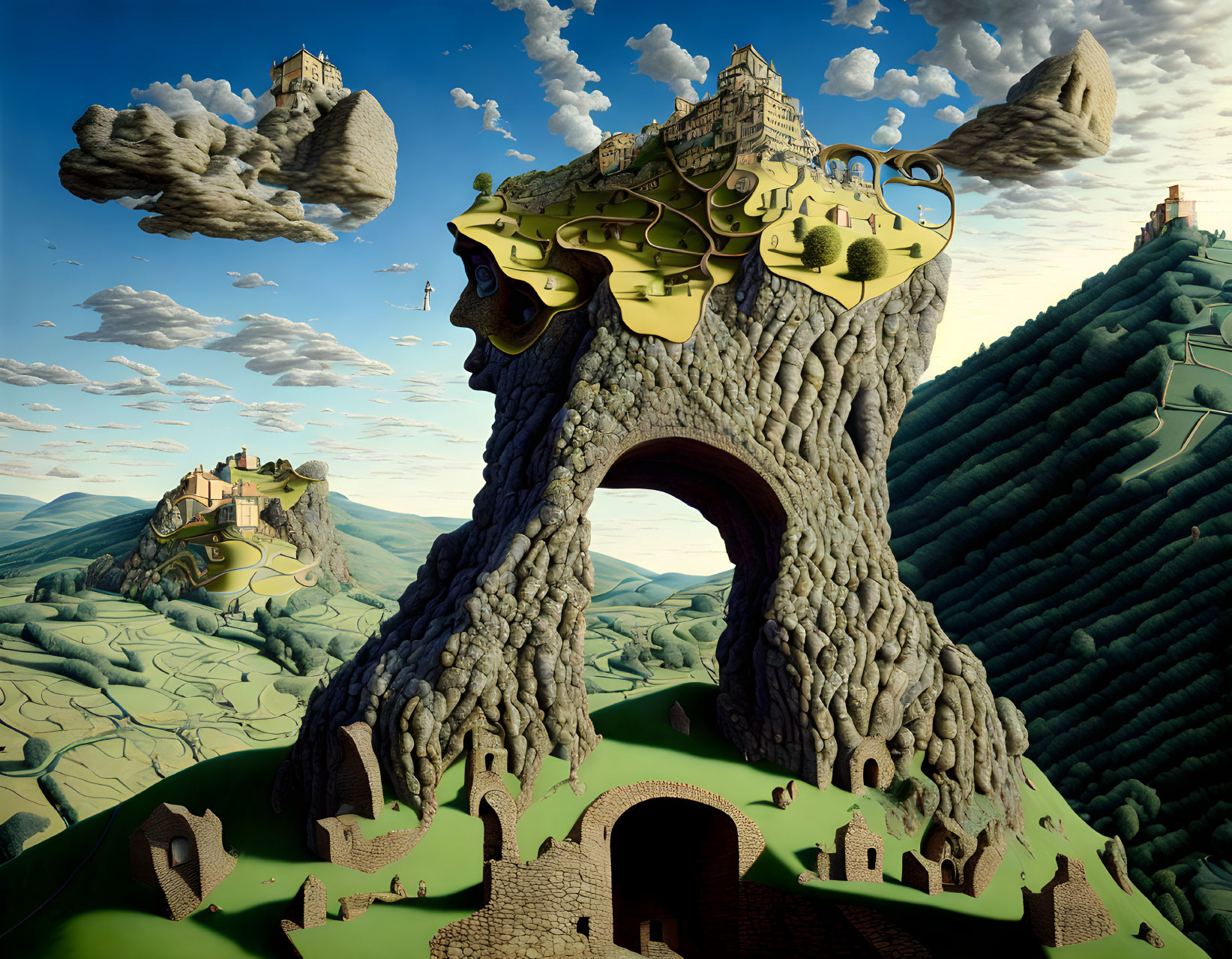 Fantastical landscape with surreal castle and floating islets