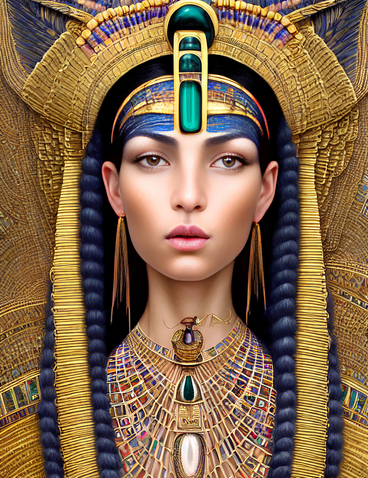 Digital art portrait of a woman styled as ancient Egyptian royalty with golden headdress & symbolic makeup.