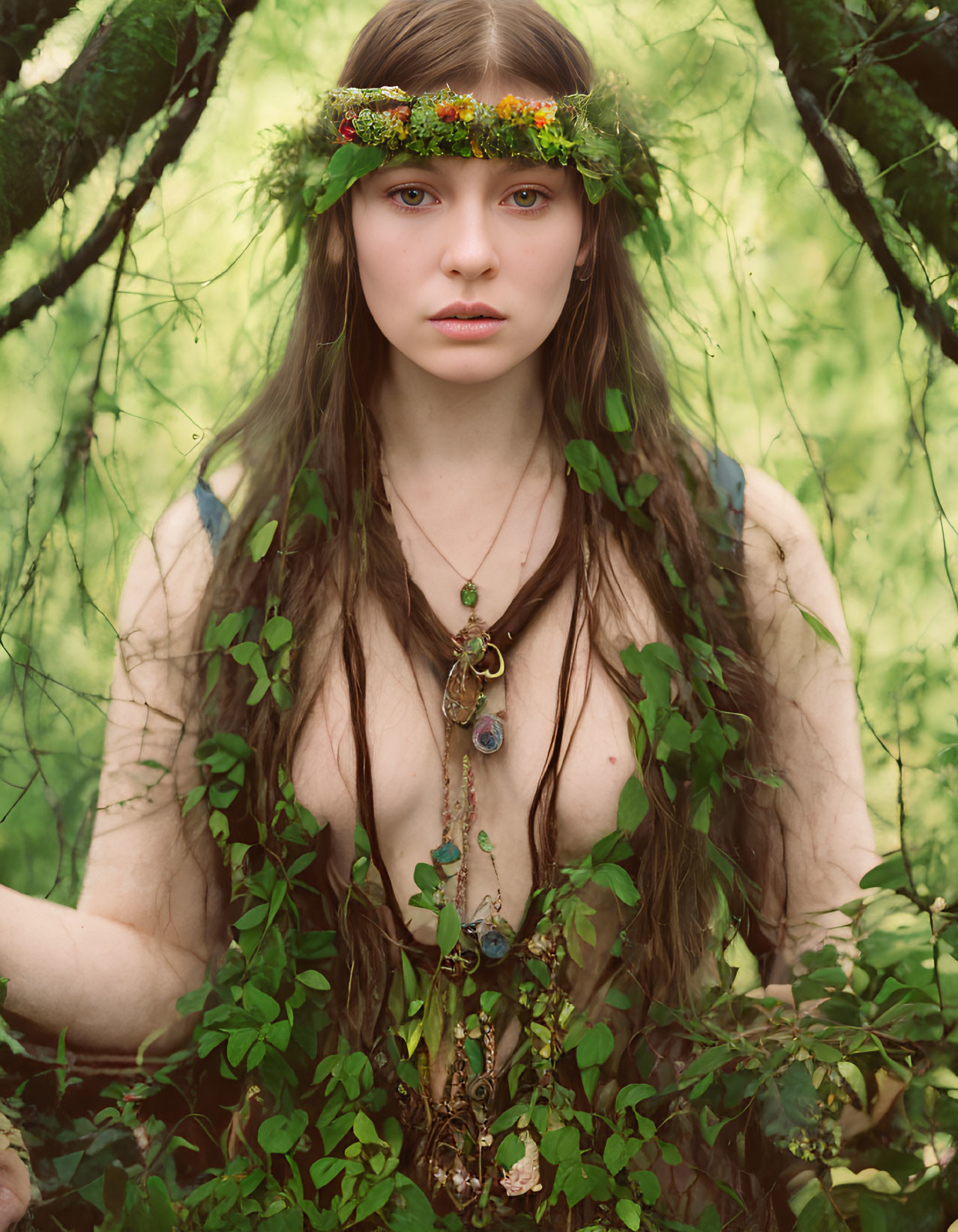 Woman with Floral Crown and Green Vines in Lush Background