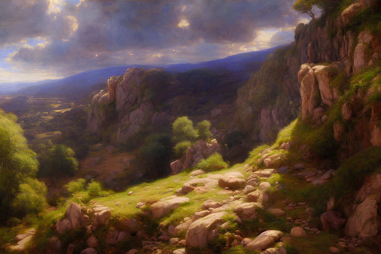 Tranquil landscape: lush valley, rocky cliffs, dynamic sky