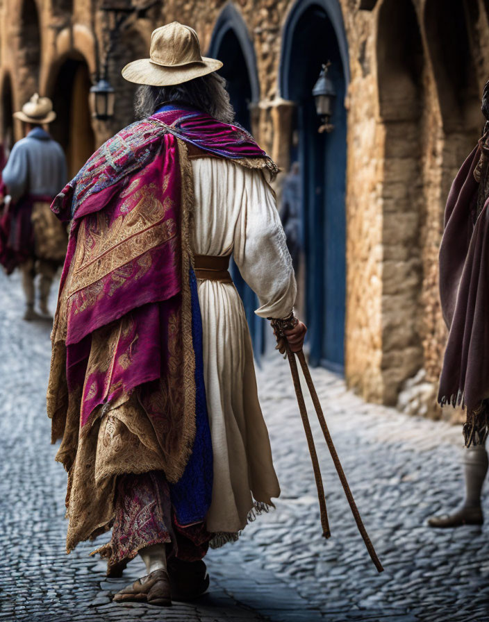 Historical figure in costume with hat and shawl walking on cobblestone street