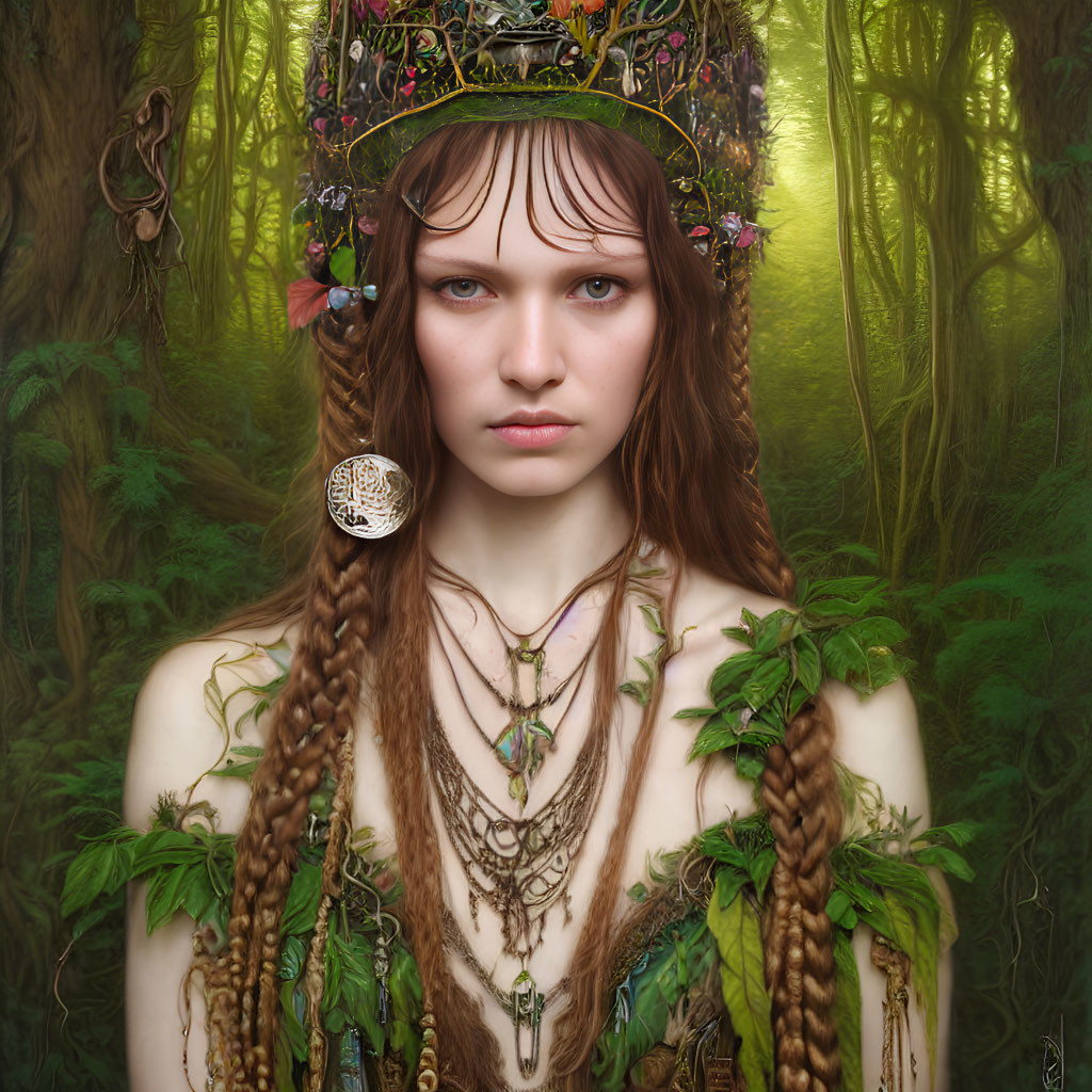 Woman adorned with floral crown in mystical forest with nature-inspired jewelry