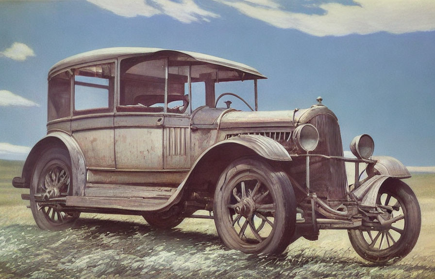 Weathered Vintage Car on Plain Under Blue Sky