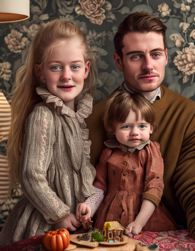 Digital painting featuring young man, girl, and toddler in vintage attire with house model and pumpkin.