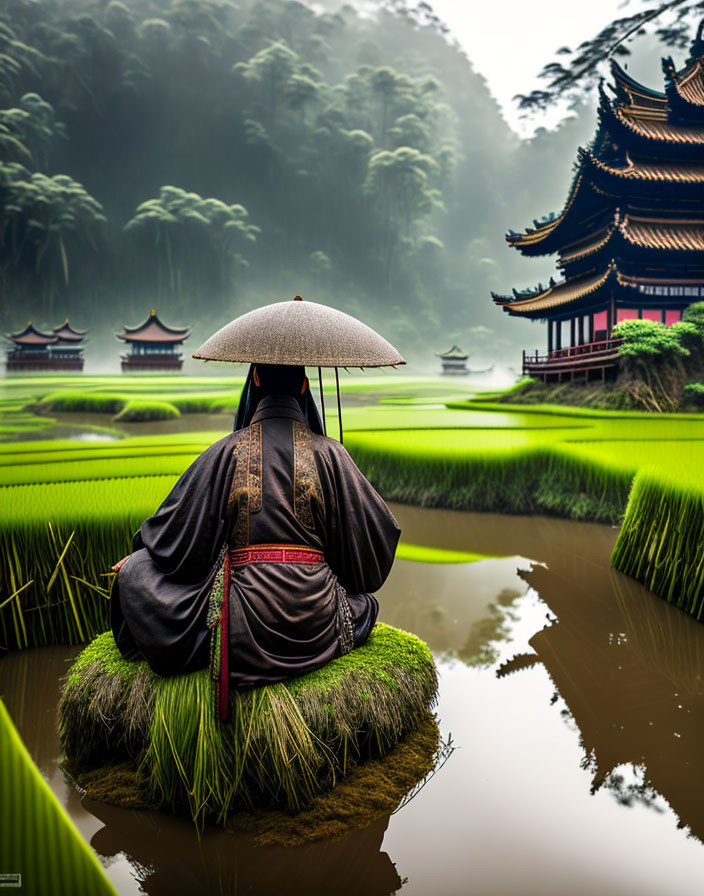 Traditional attire person with umbrella by misty rice fields and pagodas