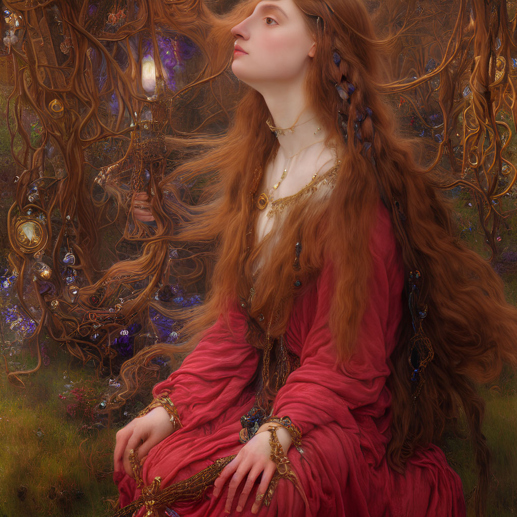 Pre-Raphaelite style painting of a woman in crimson dress in mystical forest