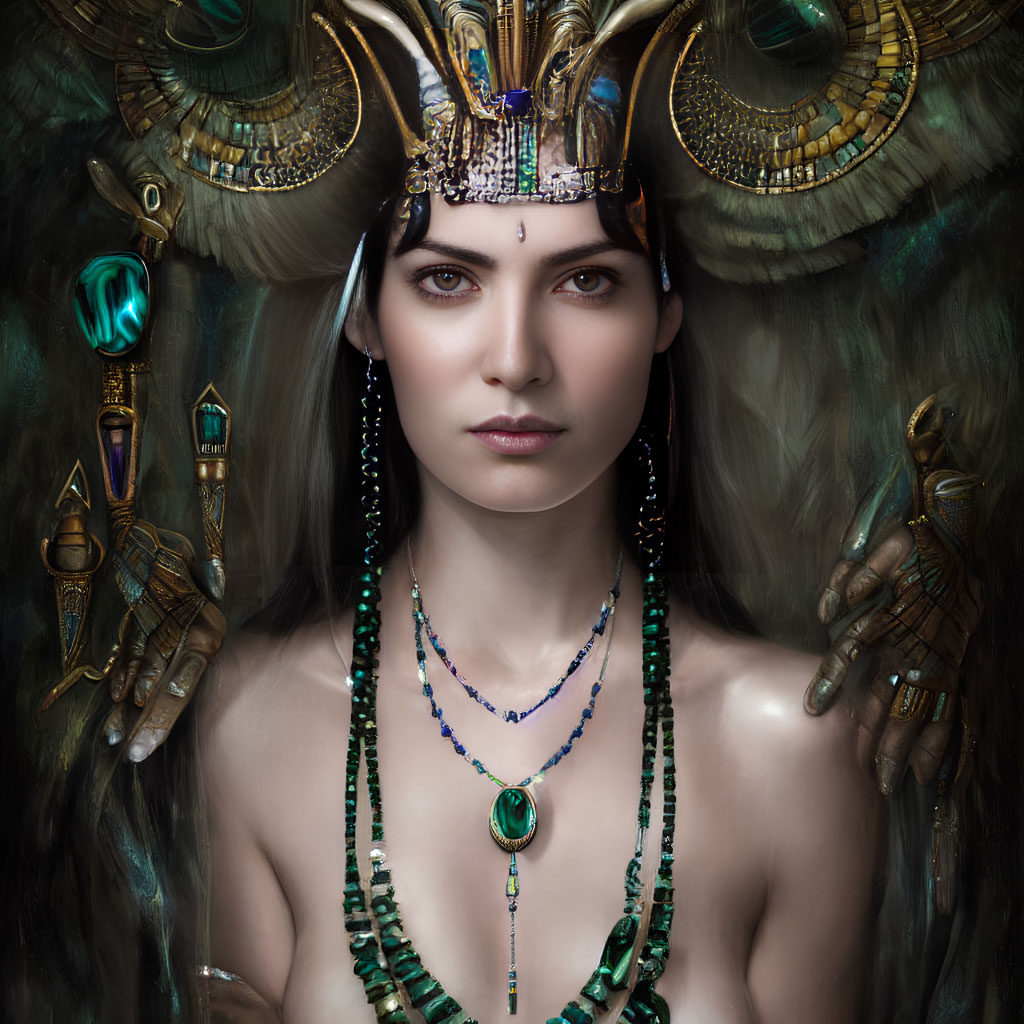 Woman with Egyptian-Inspired Ram Horn Headdress and Eye Symbol in Gold and Turquoise