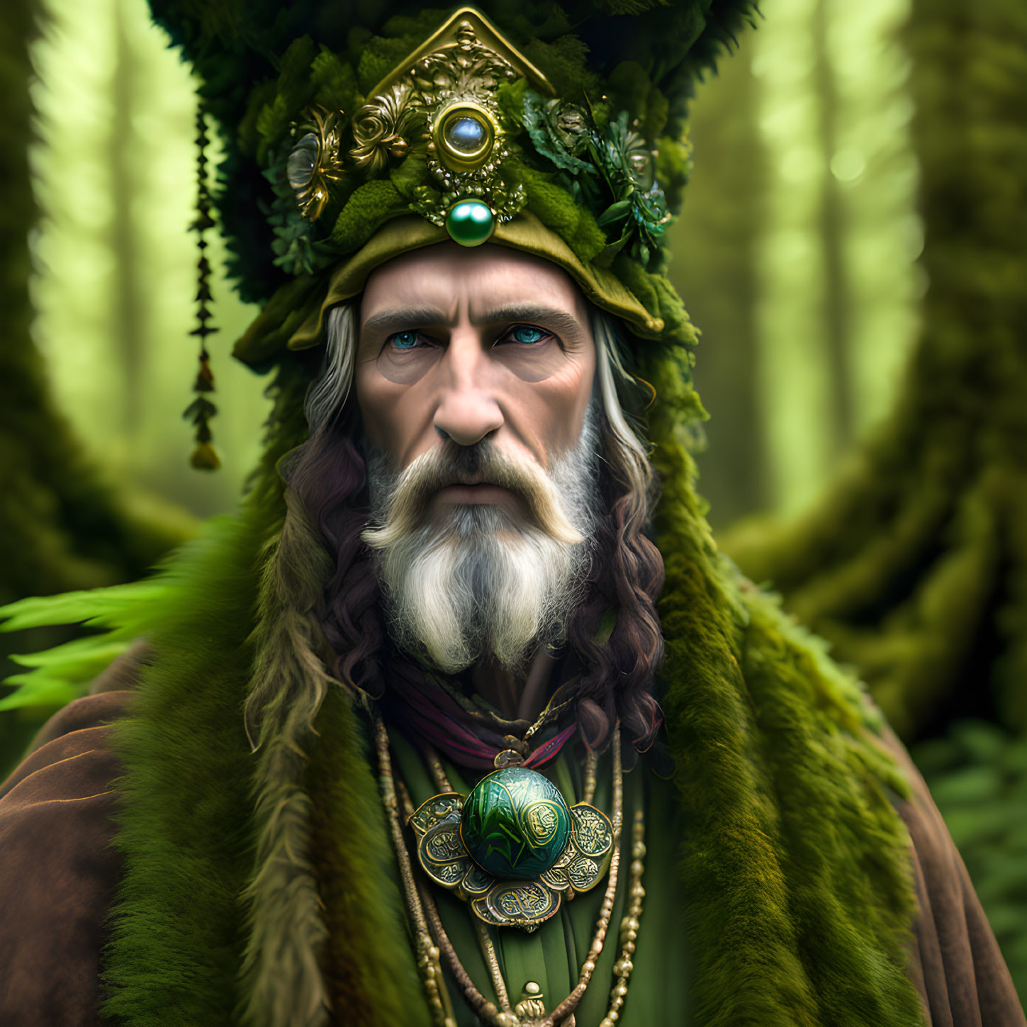 Regal figure in green attire with golden details in mystical forest