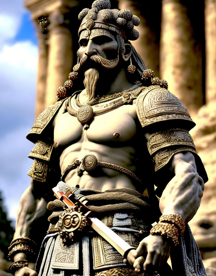 Muscular warrior statue in ornate armor with sword, classical columns background