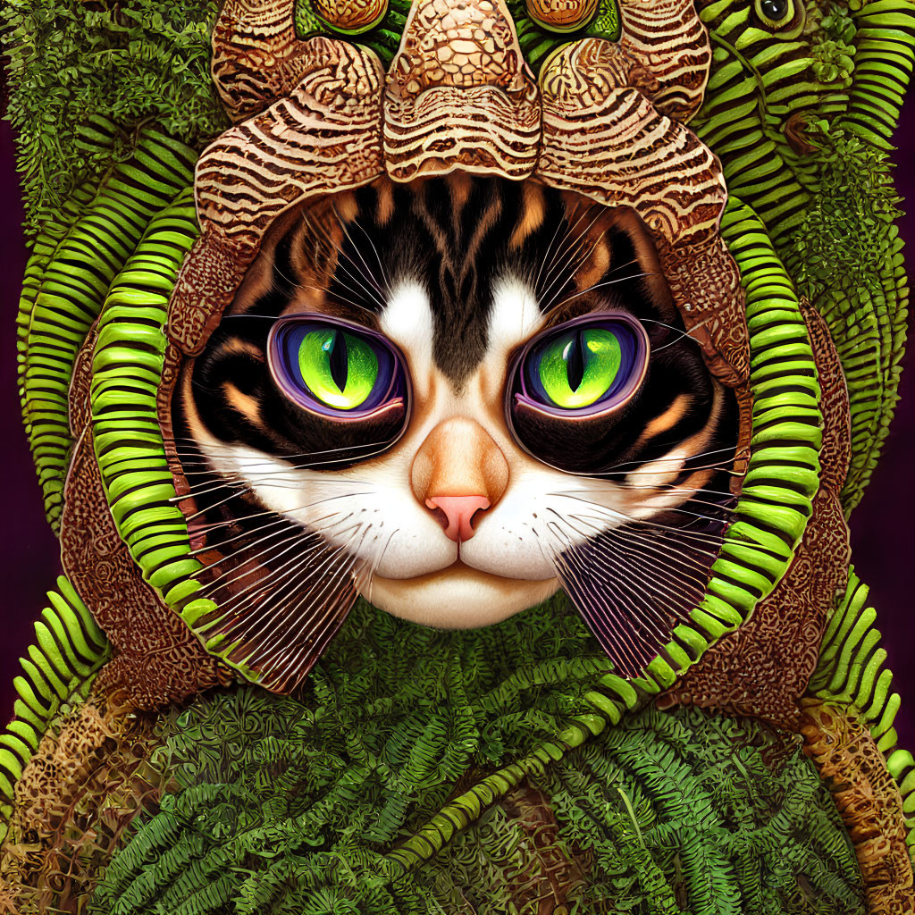 Colorful digital artwork: Cat with green eyes in foliage-themed patterns