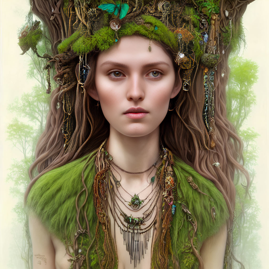 Woman in Forest-Inspired Attire with Leafy Crown Portrait