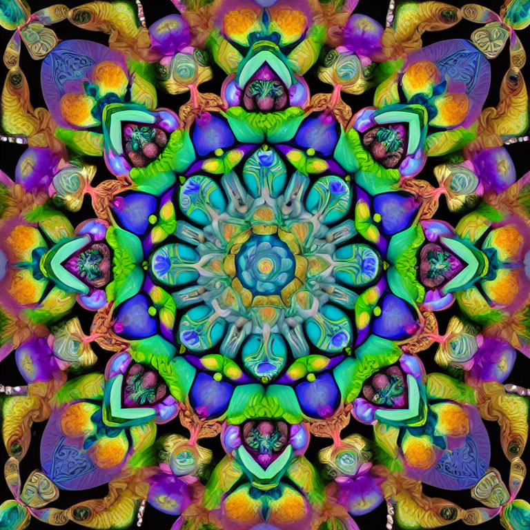 Colorful Kaleidoscope Pattern with Symmetrical Shapes in Purple, Green, and Blue