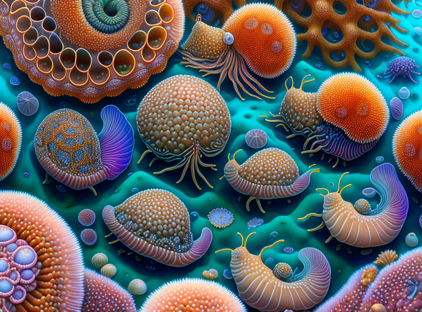 Colorful digital artwork: stylized sea anemones and coral in teal ocean