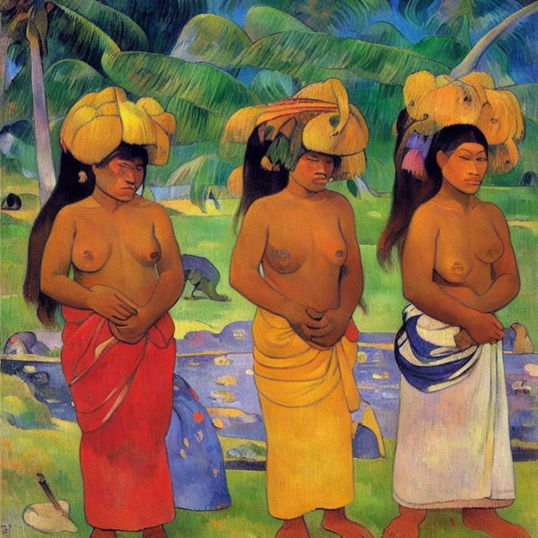 Three Women with Yellow Fruit on Heads Against Green Tropical Background