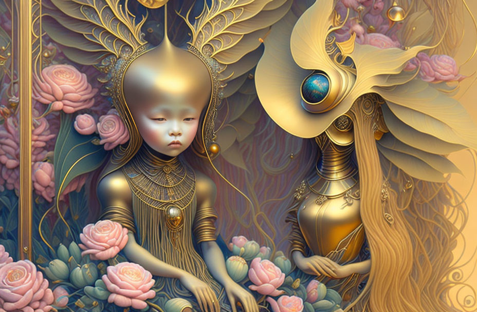 Surreal Artwork: Two Figures with Golden Headpieces Among Pastel Roses