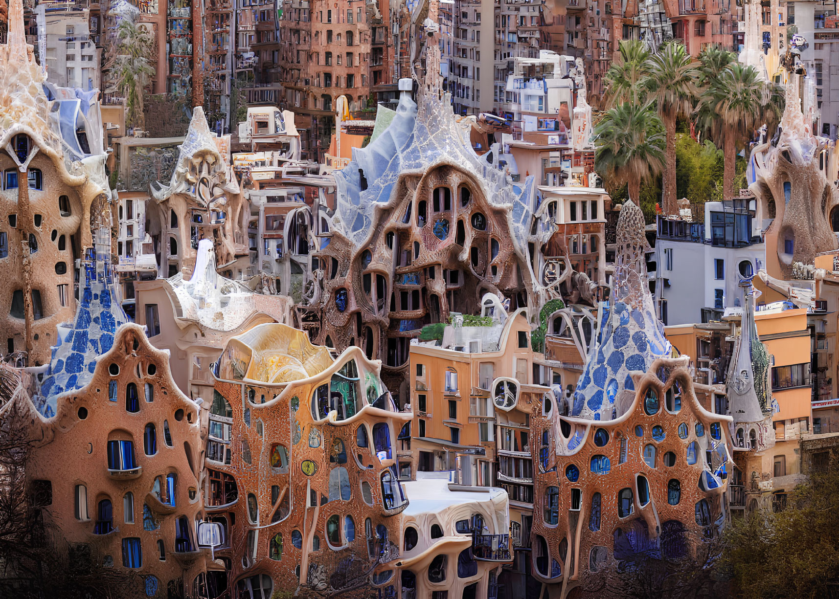 Panoramic view of intricate mosaics and unique designs at Park Güell