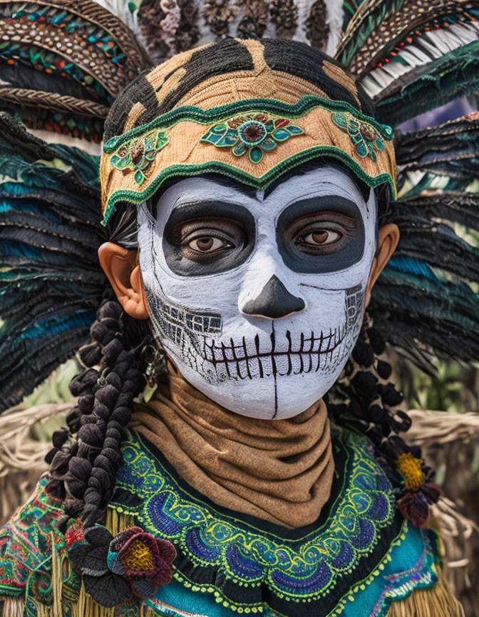 Colorful Traditional Costume and Skull Mask with Feathered Headdresses