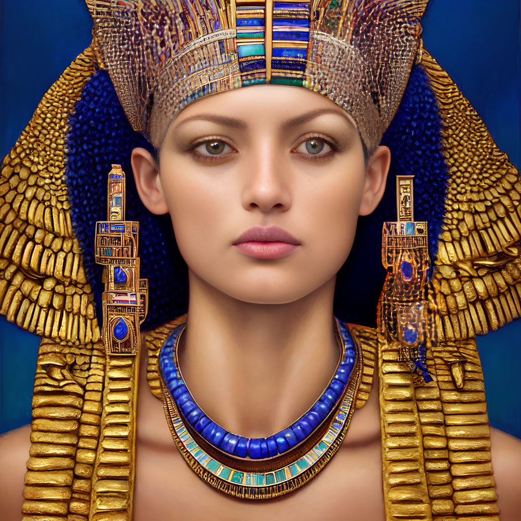 Ancient Egyptian headdress and golden collar on blue background