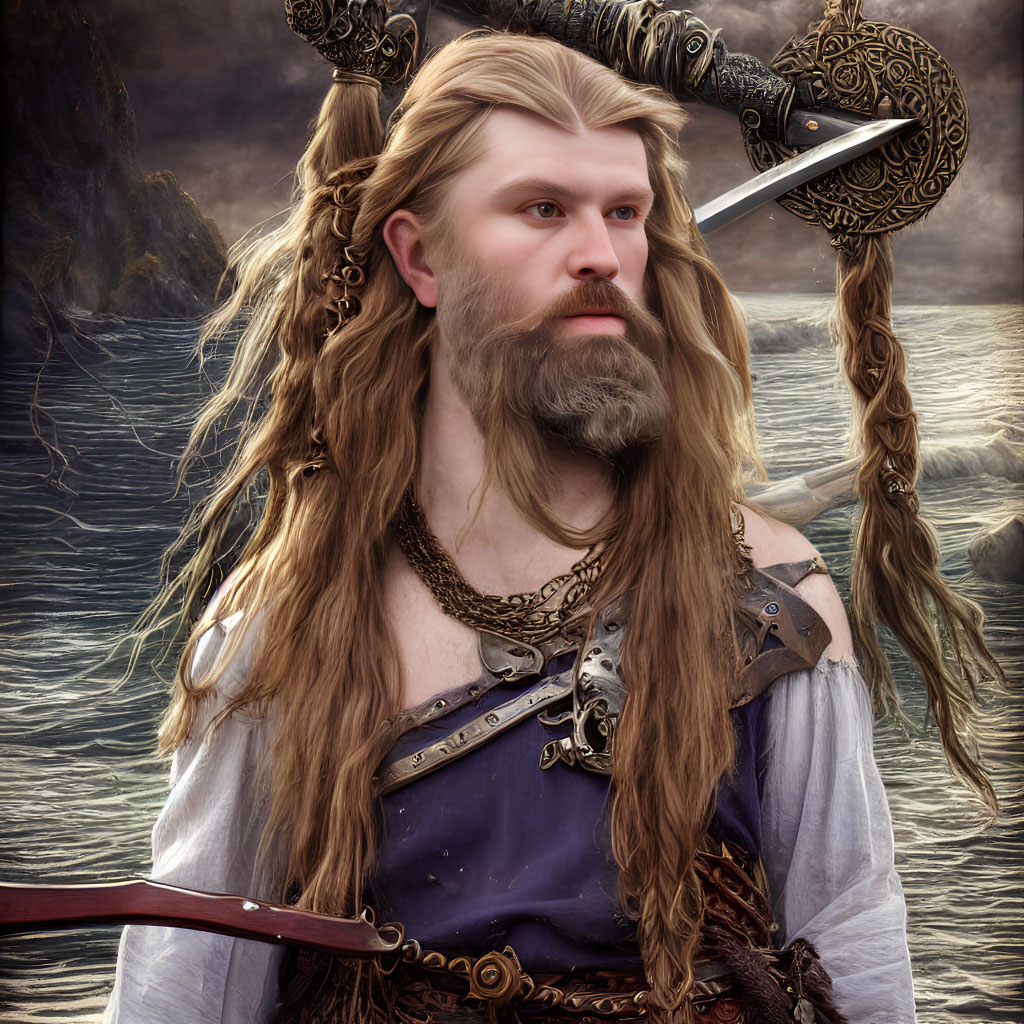 Bearded Viking warrior in armor with sword on misty seascape