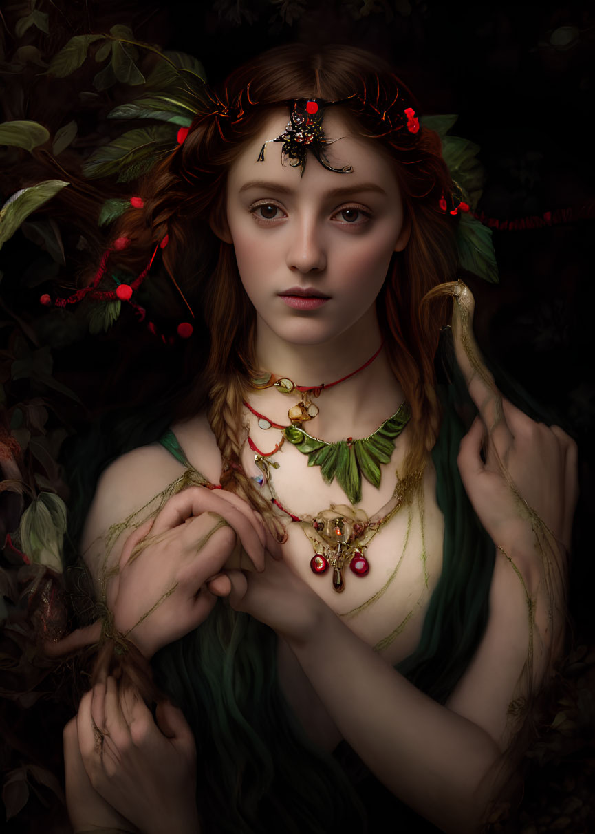 Auburn-haired female figure in green drapery with berry-themed jewelry on dark backdrop