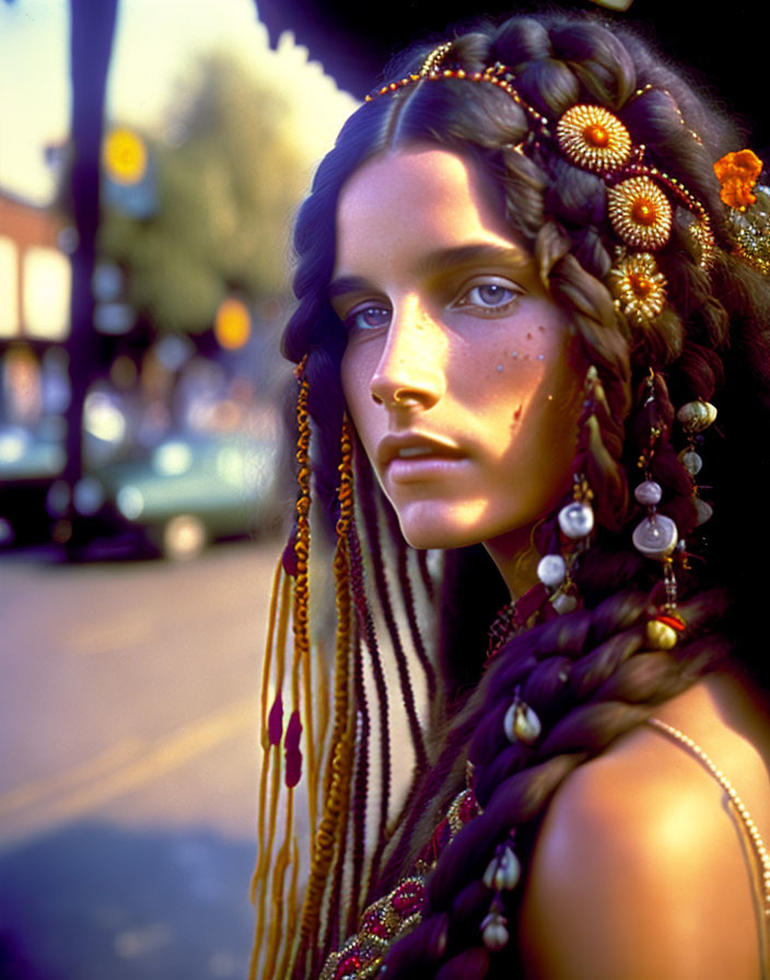 Woman with Braided Hair, Flowers, Beads, Freckles, Earrings, Street Background