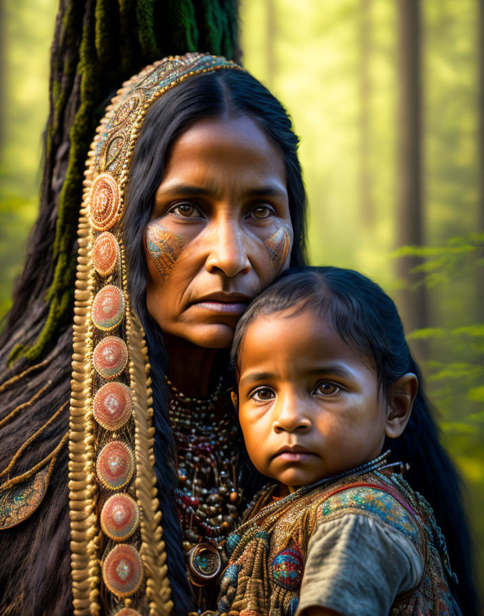 Woman and child in traditional attire in forest setting with warm light