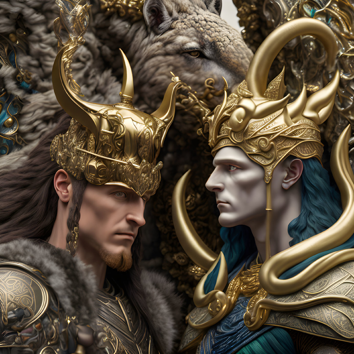 Regal fantasy characters with golden crowns and armor, one with a wolf