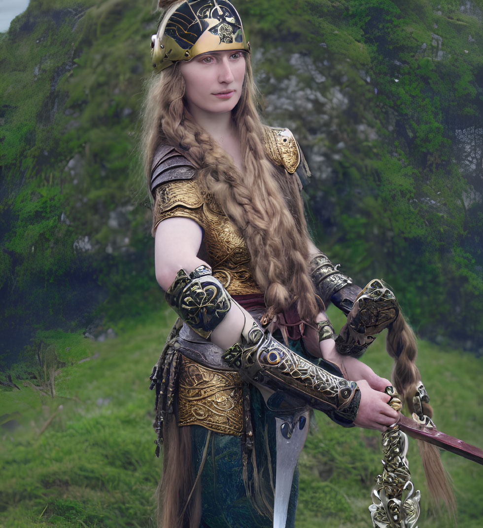 Medieval warrior woman in golden armor with sword on green background