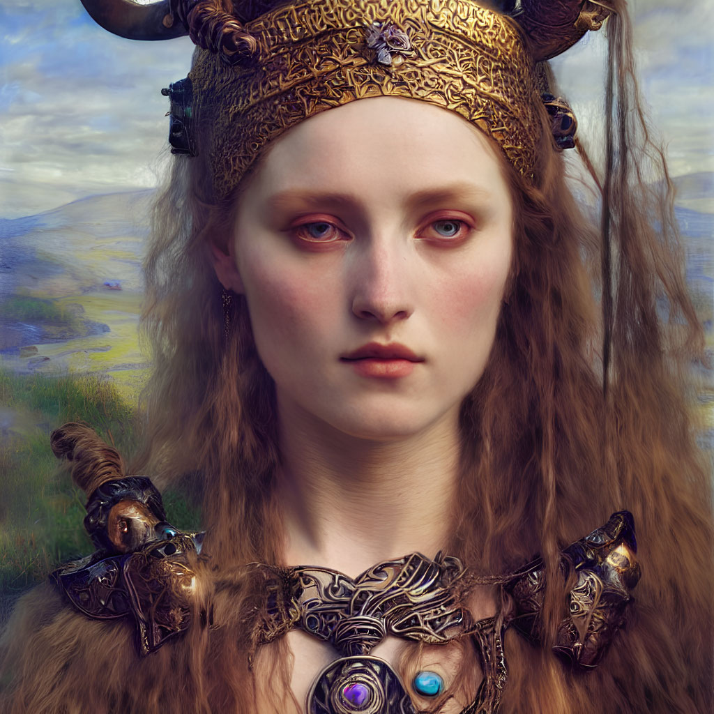 Regal woman portrait with ornate horns and metal crown in intricate armor against pastoral backdrop