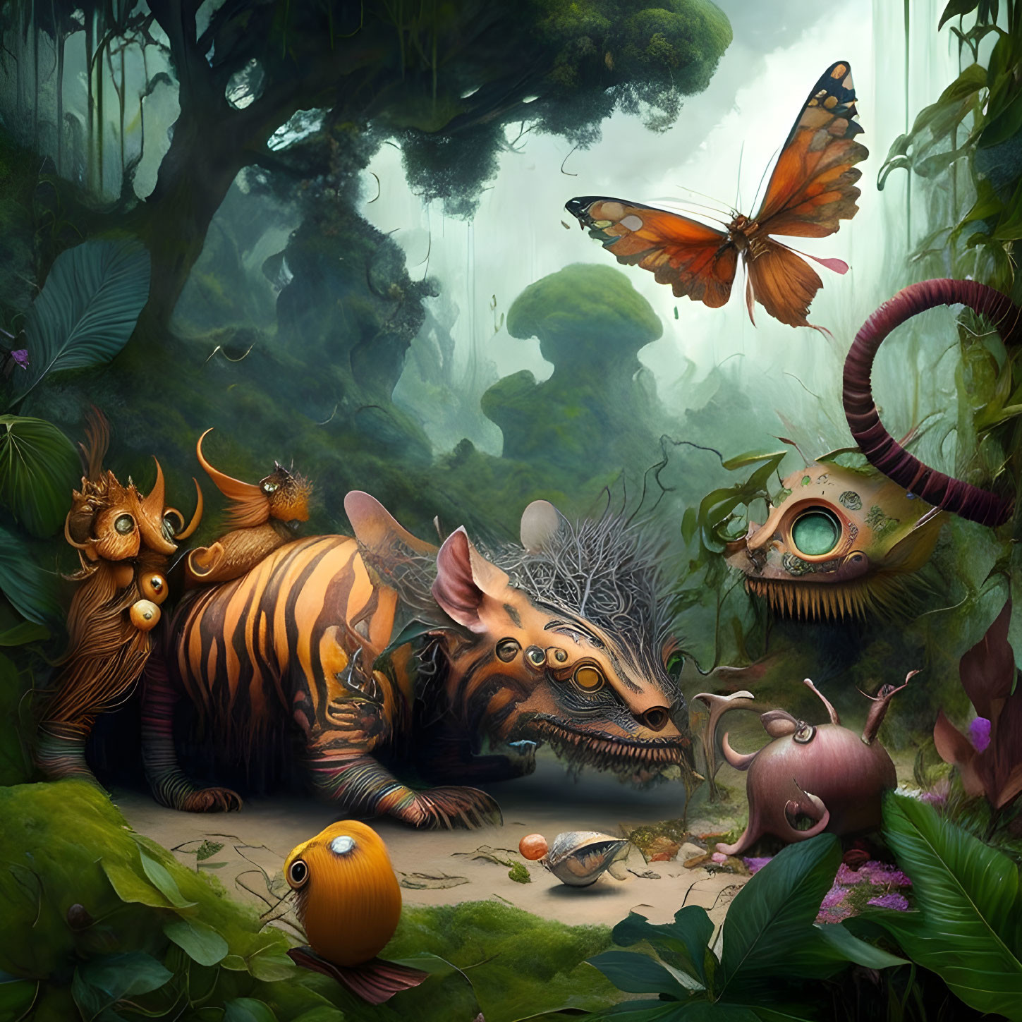 Fantastical forest scene with creature-like plants and orange butterfly