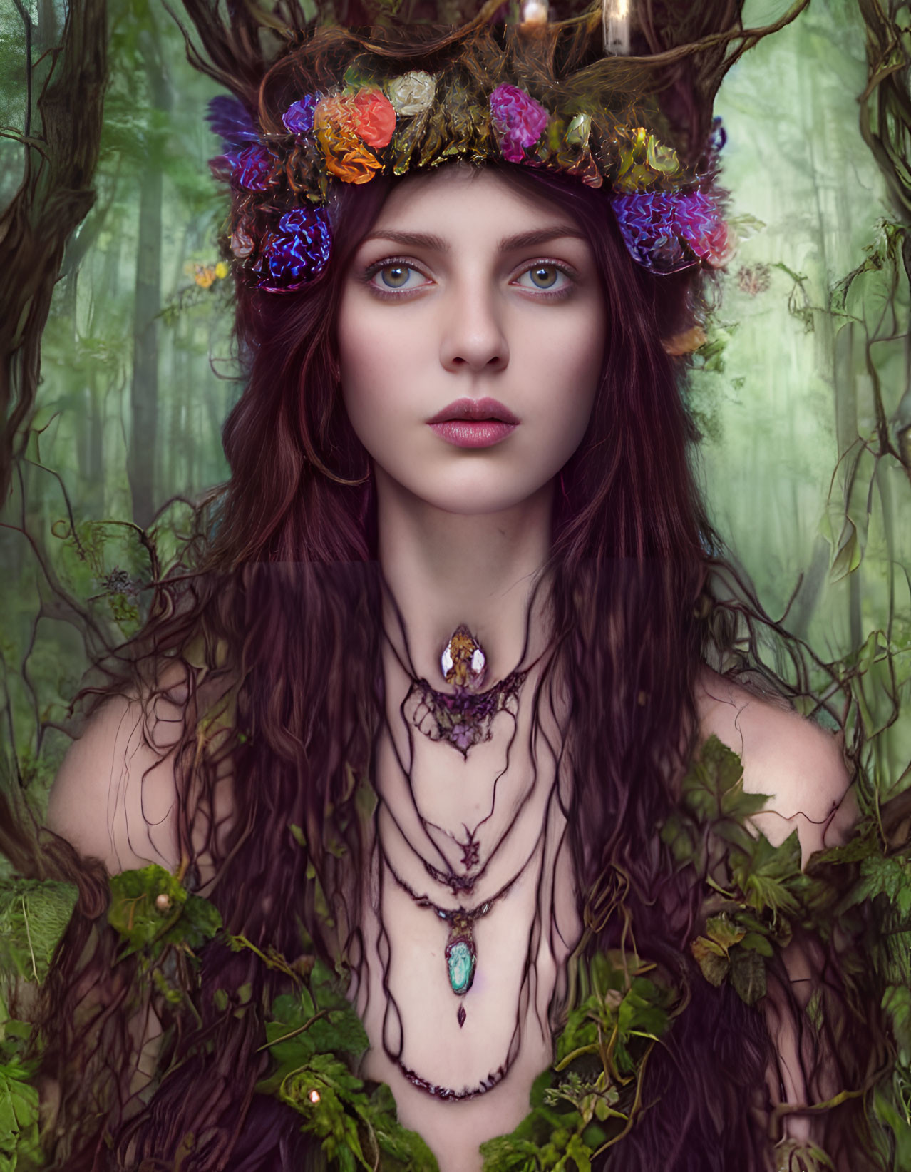 Mystical Woman with Floral Crown in Foggy Forest