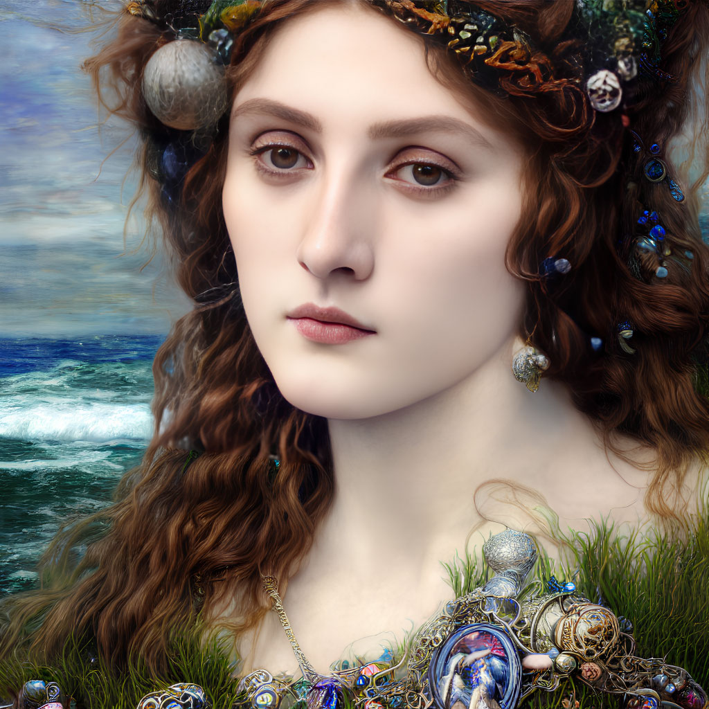 Woman with ornate crown in ocean-themed setting