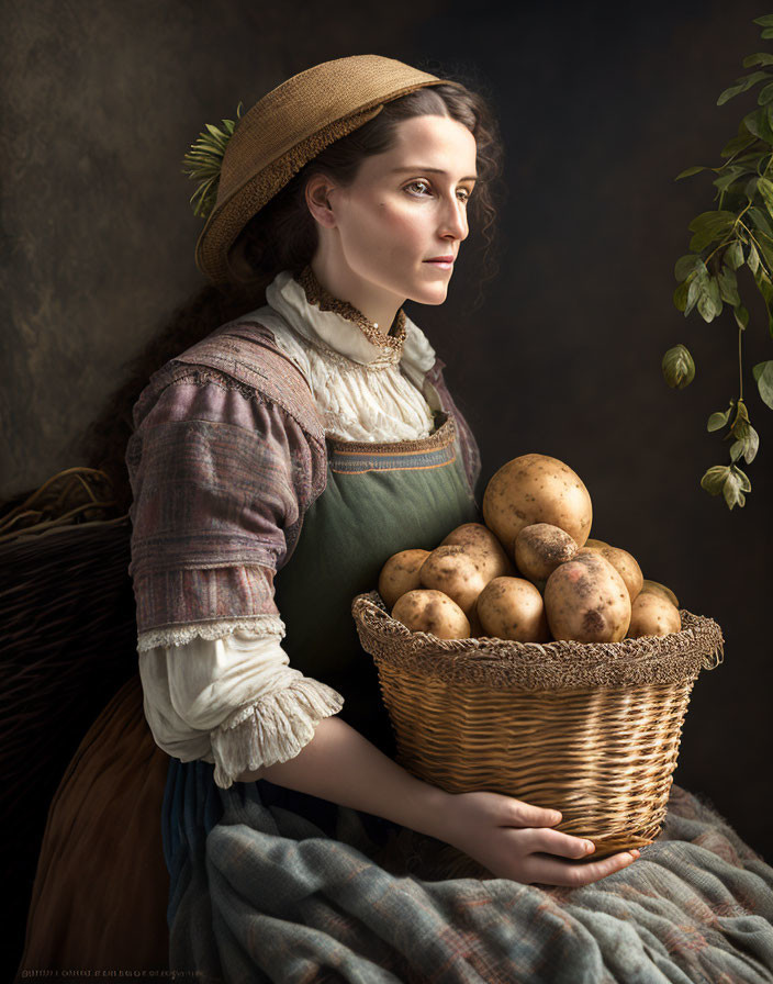 Traditional Attire Woman Holding Basket of Potatoes in Rustic Setting