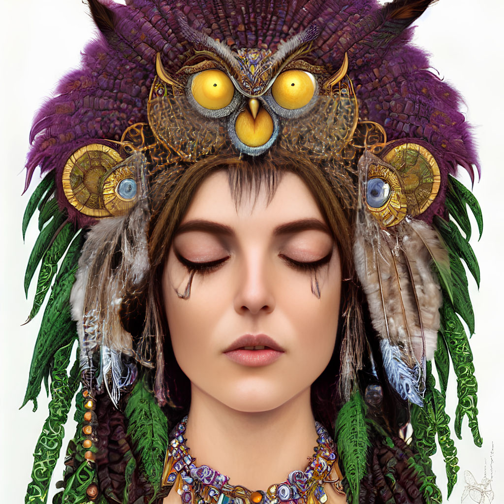 Woman with closed eyes in owl-inspired headdress with feathers, beads, and clockwork.