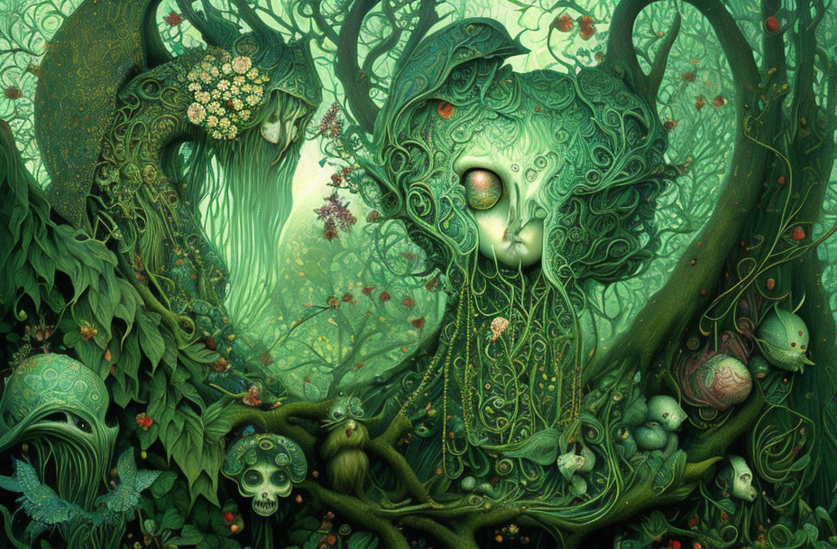 Mystical Green Forest Scene with Fantasy Figures and Whimsical Flora