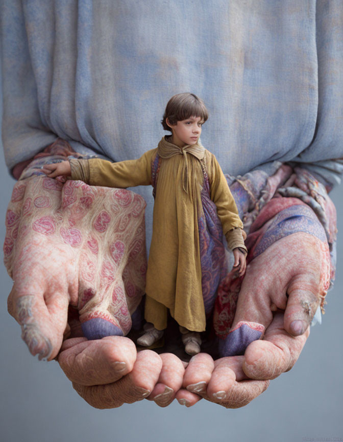 Child in yellow dress held by giant hands: surreal size contrast