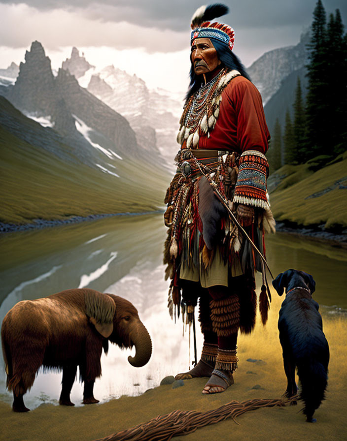 Native American Chief in Traditional Attire with Spear, Black Dog, and Elephant Against Mountain Landscape