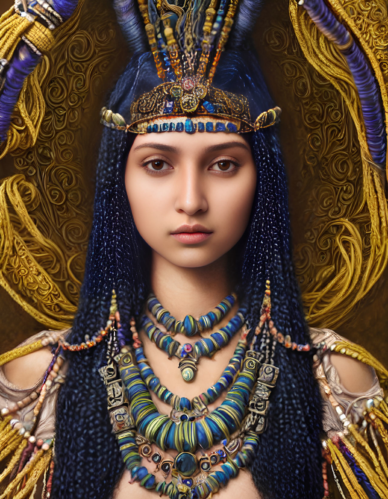 Detailed Egyptian Pharaoh Portrait with Ornate Headdress and Jewelry