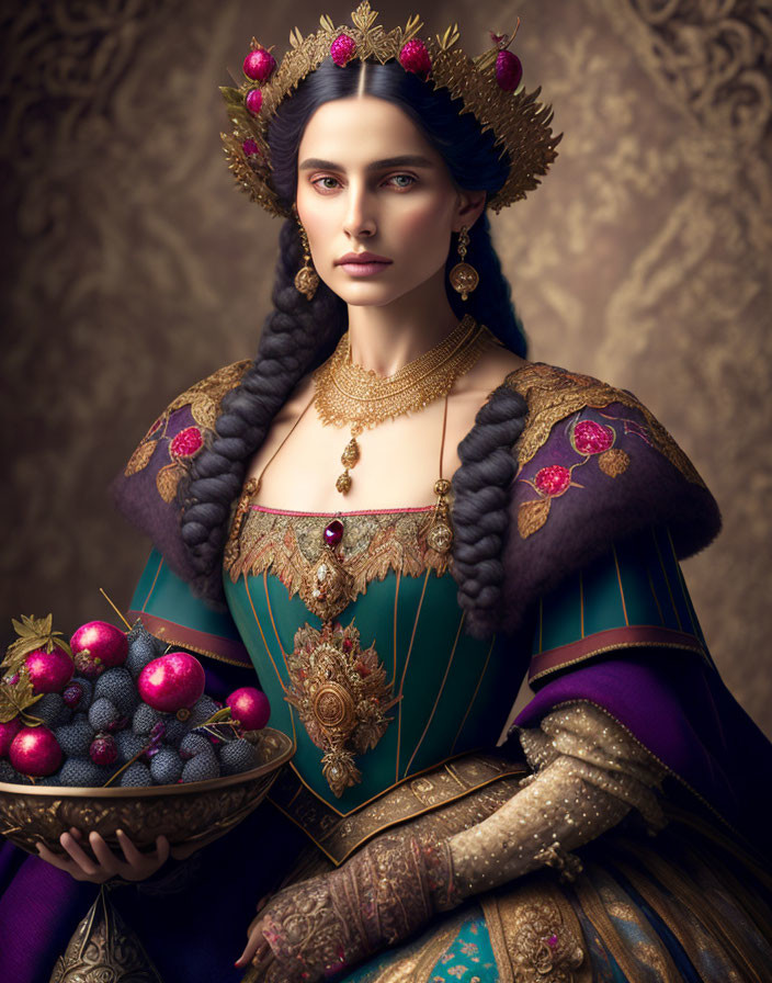 Royal woman with gold crown holding bowl of berries on patterned backdrop