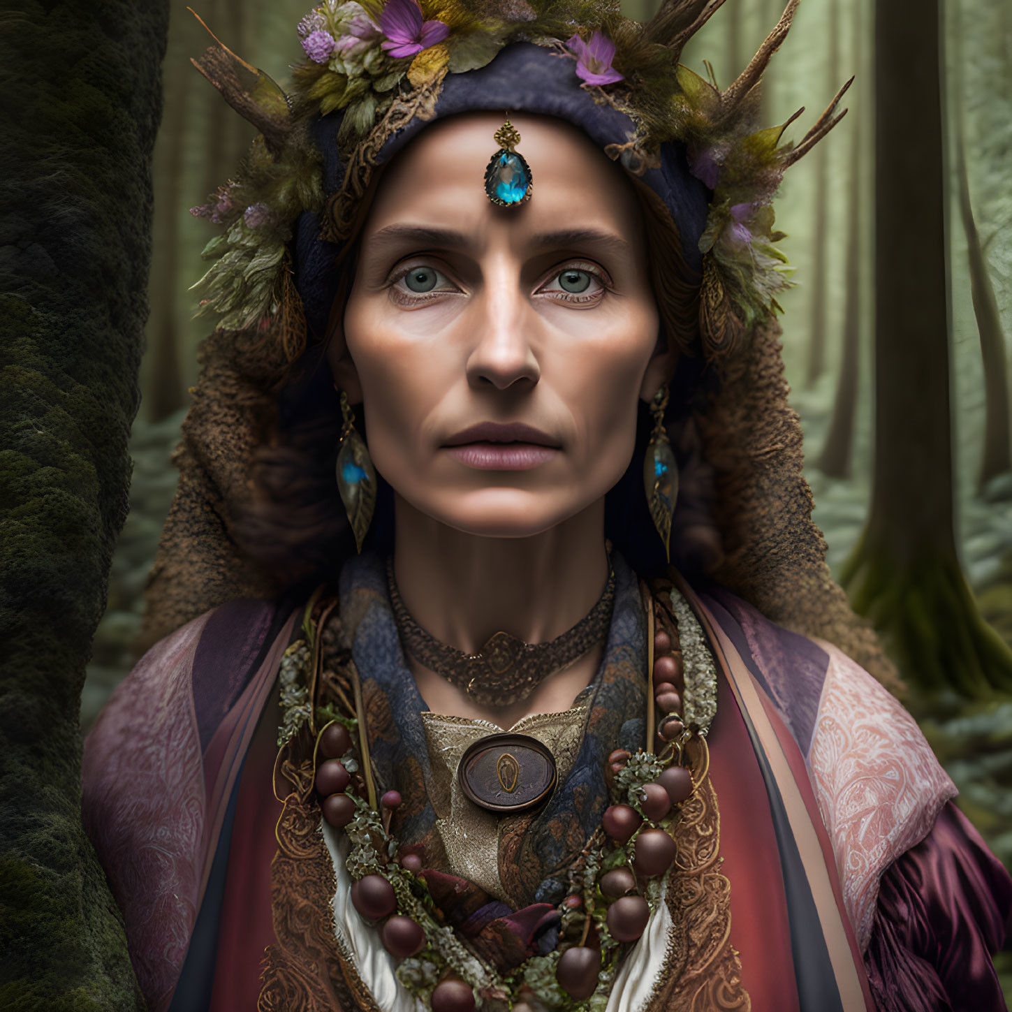 Woman in ornate tribal attire with feathered headdress in lush forest