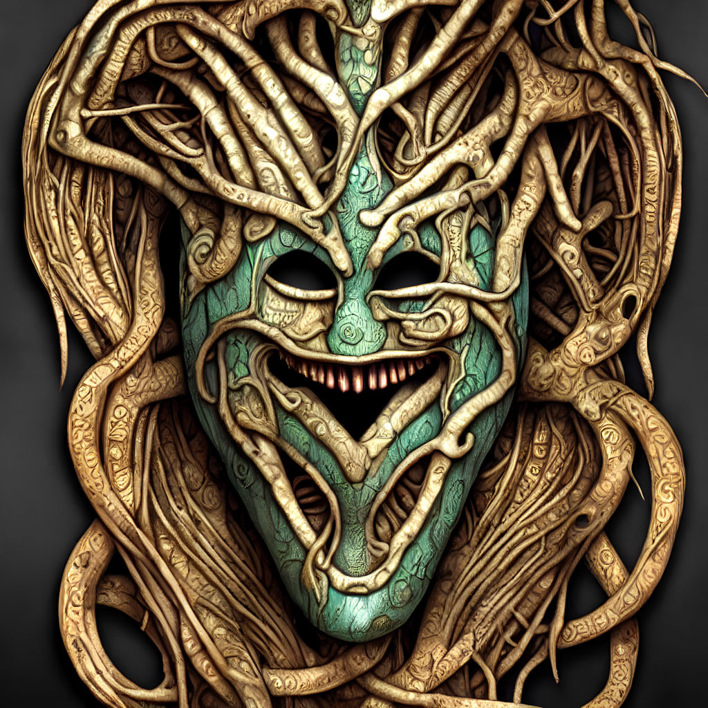 Detailed Illustration of Mask-Like Face with Tree Root Designs in Golden and Green Hues