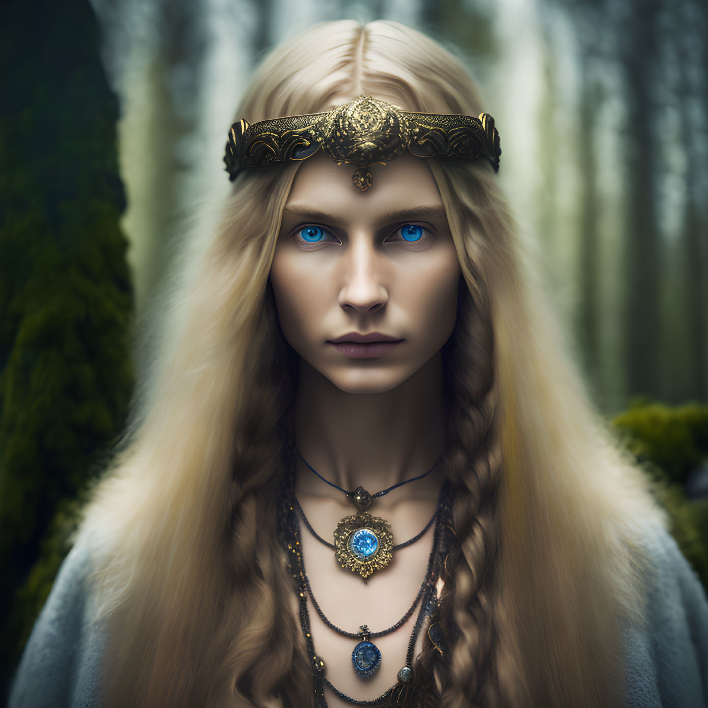 Mystical woman with braided hair and golden headpiece in forest.