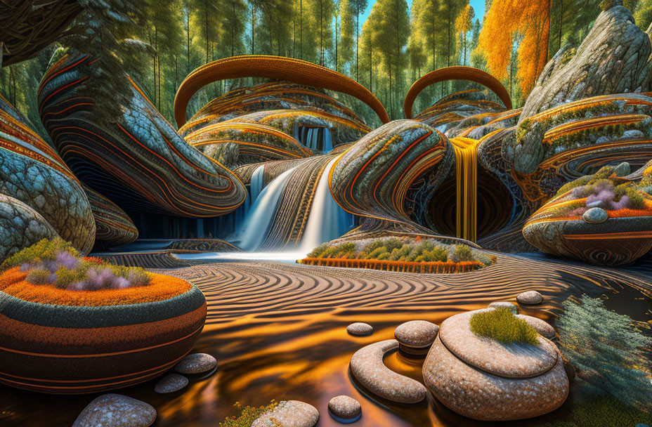 Fantastical landscape with ribbon-like formations, waterfall, autumnal trees, and vibrant mossy vegetation