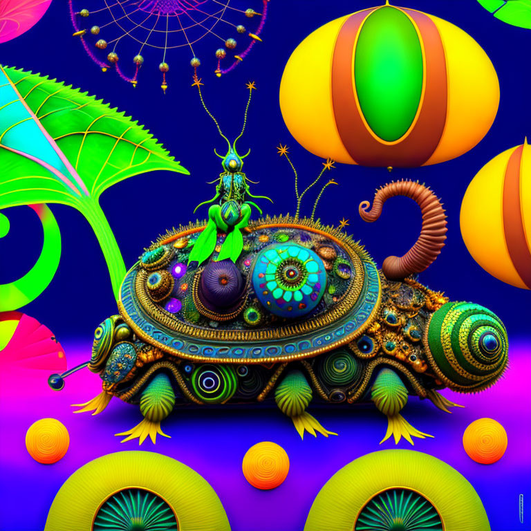 Colorful surreal artwork: mechanical insect against abstract background